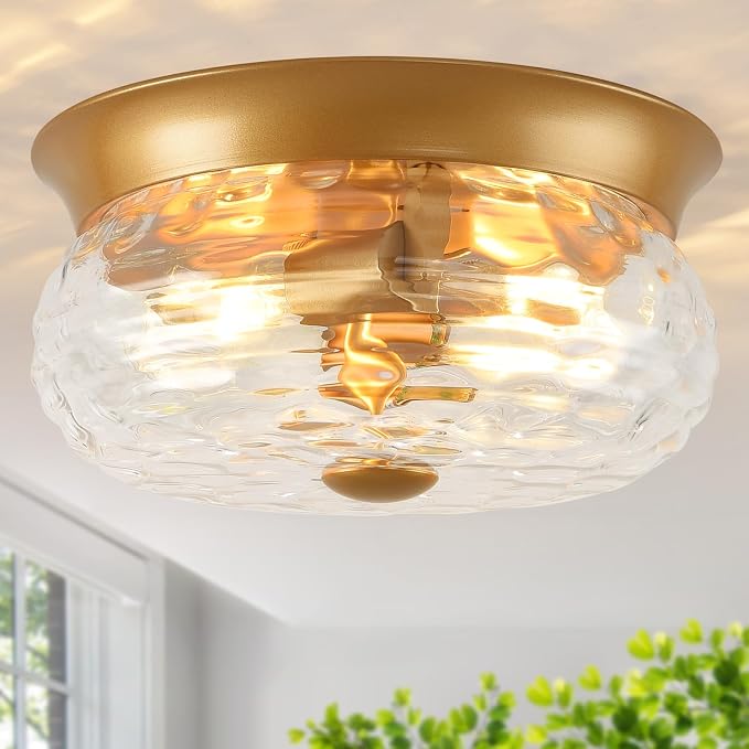 Gold Flush Mount Ceiling Light Fixtures, 2-Light Ceiling Mount for Modern with Clear Hammered Glass Shade, Industrial Flush Mount Light Fixture Farmhouse for Hallway Kitchen Bedroom Entryway Foyer