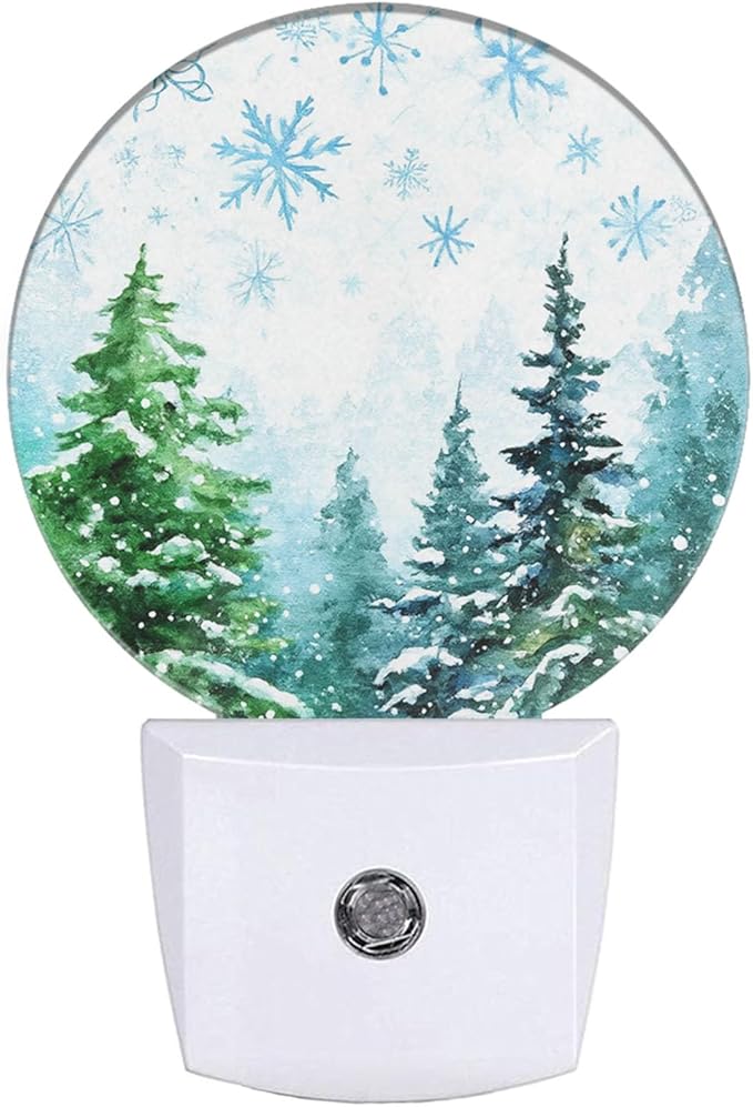 EKOBLA Winter Pine Trees Woodland Night Light Snow Falling Snowflakes Green Woods Plug-in Nightlights Auto Sensor LED for Men Women Boys Girls Christmas Holiday Gift