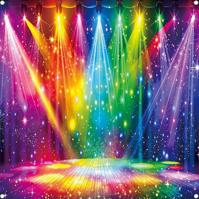 Disco Rainbow Stage Backdrop 70s 80s 90s Hippie Music Vintage Lights Photography Background Rock Music Colorful Neon Glow Party Decorations Photo Banner (6x6FT(72 x 72 inch))