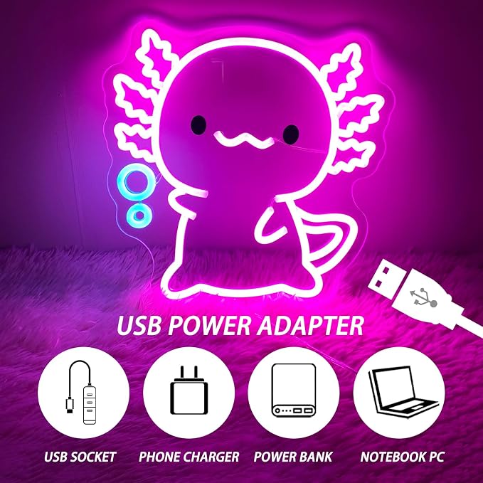 Axolotl Neon Sign, LED Night Light for Kids Room Wall Decor | Cute Bedroom Decor, Gamer Setup, Birthday Party, Nursery Room, Kawaii Style, Soft Glow, USB Powered, Gift Ready
