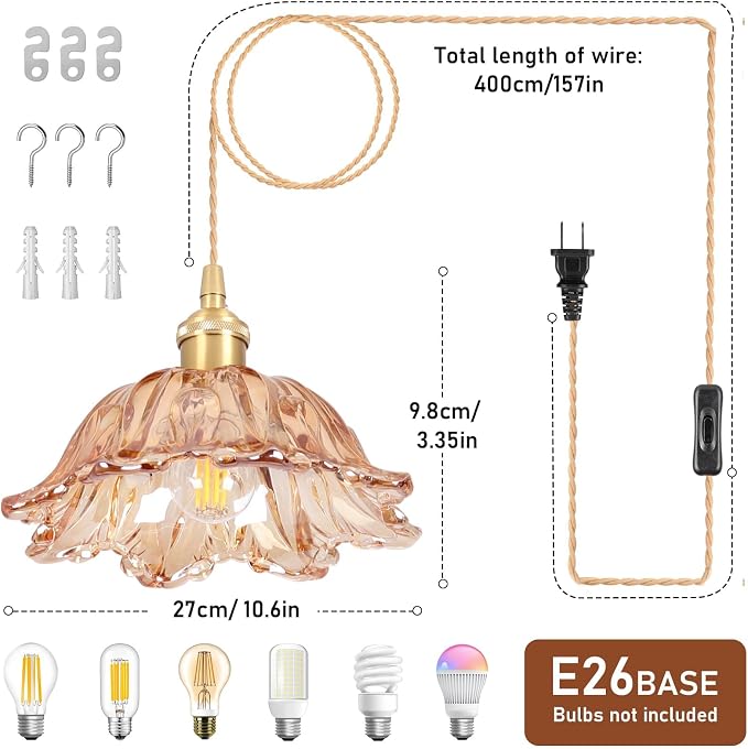 Plug in Pendant Light Fixtures,Hanging Light Fixture Amber Glass Pendant Light 10.6in E26 Pendant Lighting for Kitchen Island, Bedroom, Dining Room, Living Room 2pack