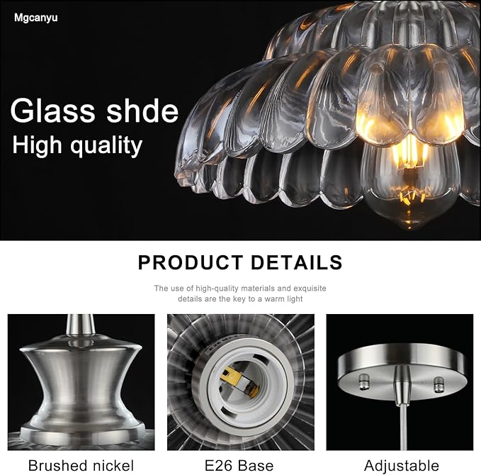 Modern Glass Pendant Lights Kitchen Island, 11.8" Glass Light Fixtures Brushed Chrome Flower Vintage Lighting Glass Ceiling Chandelier for Dining Living Room Restaurant Bedroom Foyer Entryway