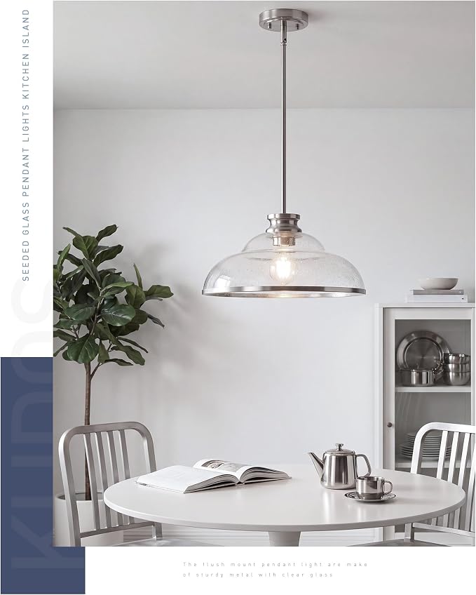 kudos 14" Brushed Nickel Seeded Glass Pendant Light, KDPL14-BN-M | E26 Bulb Base, Hardwired, Farmhouse Styling, Adjustable Hanging Rods for Flat or Sloped Ceilings, for Kitchen Bars