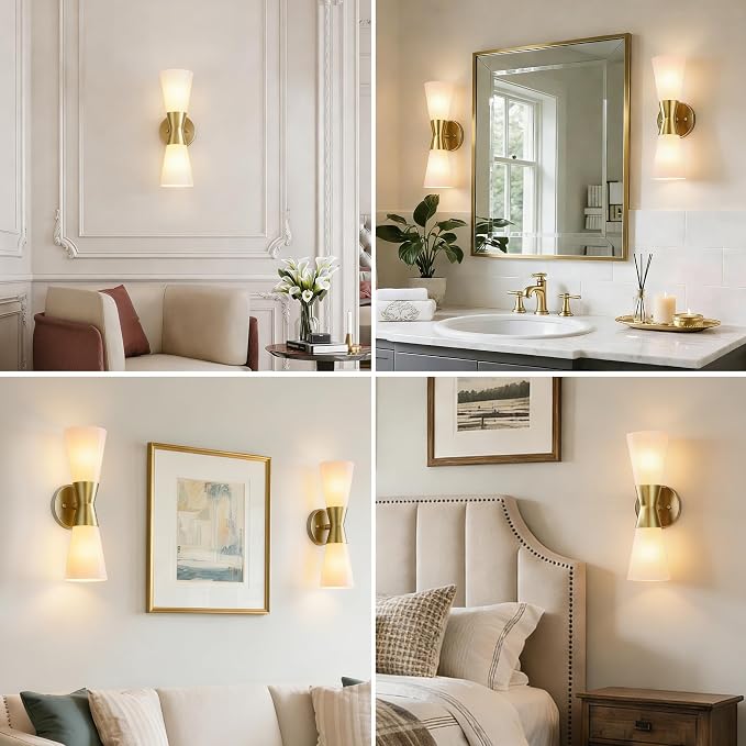 Bathroom Wall Sconce, Modern Indoor Vanity Light Fixtures 15", Up Down Lighting, Wall Mount Lamp for Living Room Bedroom Hallway Stairway Fireplace Mirror E26 Base 1PC White&Gold