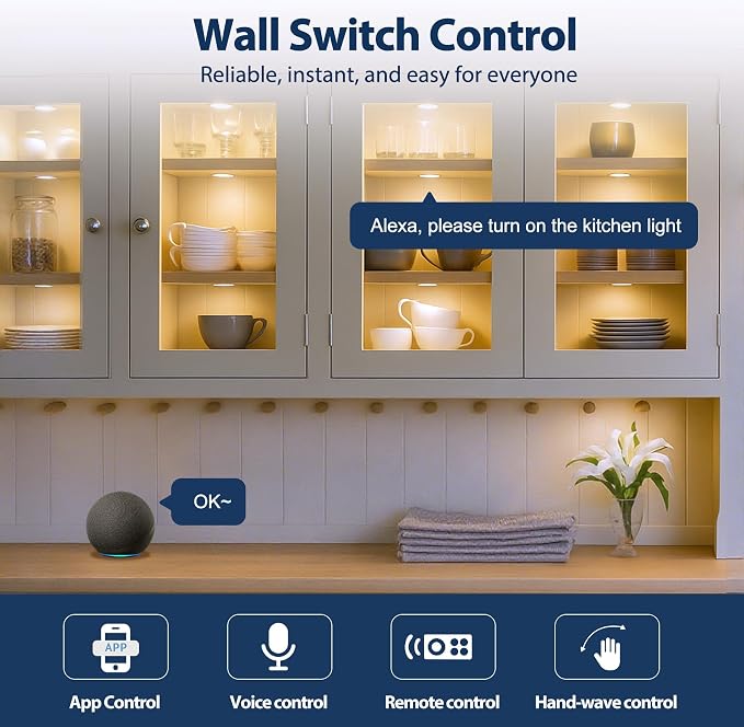 V4light LED Puck Lights, Smart Under Cabinet Lighting with Remote, 6 Pack | Dimmable 2700K-6500K, Alexa Voice Control, Plug-In Wired, Adhesive Mount, For Kitchen Counter Closet Shelf Display Case