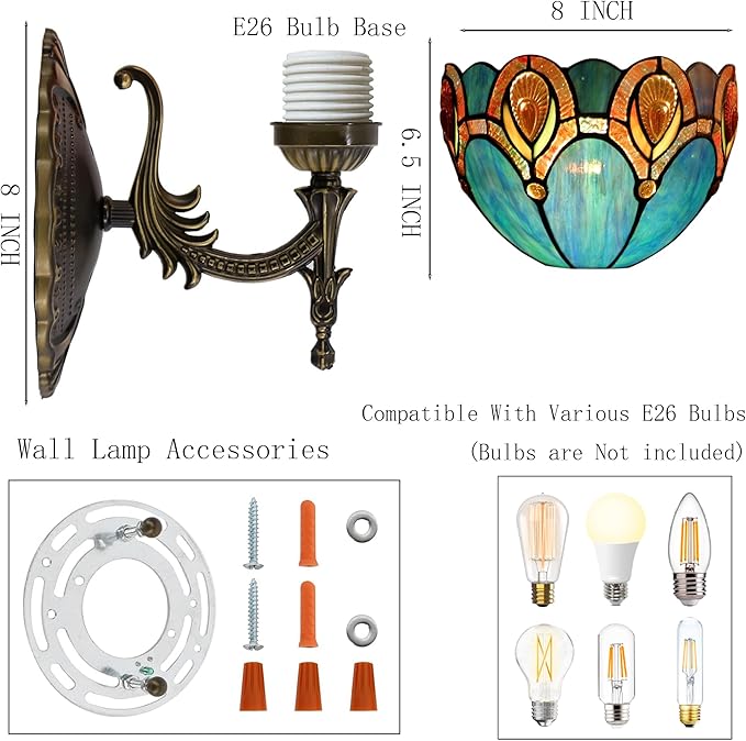 Tiffany Sconce Lamp Stained Glass Wall Lamp,8X10.5X11 Inch Plug in Wall Bedside Light for Hallway Bedroom (Peacock Crystal)