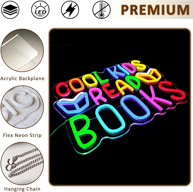 Cool Kids Read Books Neon Sign for Wall Decor, Reading Led Signs for Library, USB Dimmable Neon Lights for Classroom Reading Corner Bedroom Study Room Home Book Club Motivational Wall Art