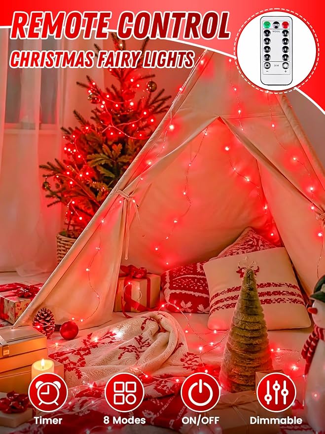 2 Pack 100 LED Fairy Lights Battery Operated with Remote Timer, 33 FT Red | Cuttable, 8 Modes, Memory, Dimmable, IP44 Waterproof Battery String Lights for Indoor Outdoor, Wedding, Christmas Decorations