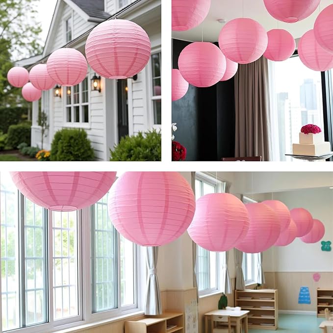 Chinese Paper Lanterns - Pack of 10, 10-Inch Pink Hanging Lights for Birthday Party Decorations, Ceiling Decor, Rainbow Classroom, Wedding, and Home Party