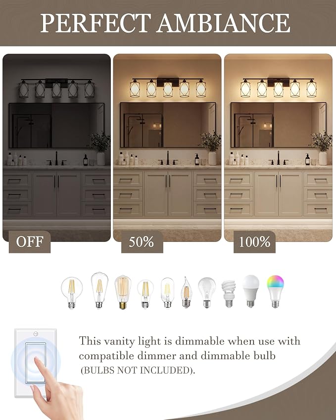 5-Light Matte Black Bathroom Light Fixtures Over Mirror, 38" UL-Listed Modern Farmhouse Wall Sconce Lights with Milk White Frosted Glass and Metal Cage for Bath, E26, CH9176BKW-5W