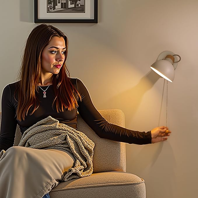 Aisilan LED Wall Sconce with Pull Chain, Adjustable Indoor Wall Light for E12 5W Bulb, Matte White 3000K Wall Mounted Lighting for Living Room, Bedroom, Hallway