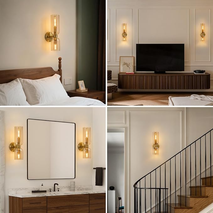 Mid Century Bathroom Wall Sconce: Set of 2 Modern Brass Gold Amber Lights | Minimalist Glass Indoor Dimmable Lighting Fixture with Bulb, Double Brushed Vanity Sconces for Bedroom Living Room Hallway