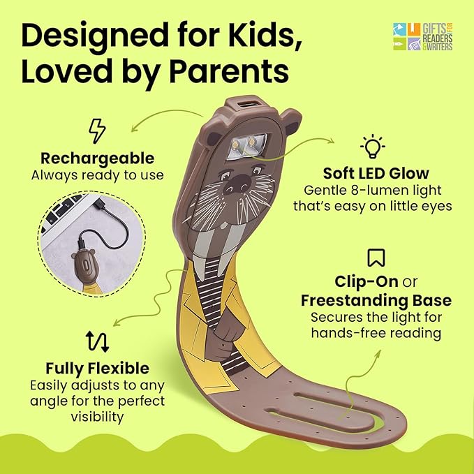 Gifts for Readers & Writers Rechargeable Book Light for Kids, Clip On Reading Light for Bed, 2in1 Flexilight Pals & Bookmark, 12 Hours of Light Once Charged, Includes USB Cable & 2 LED Lights, Walrus
