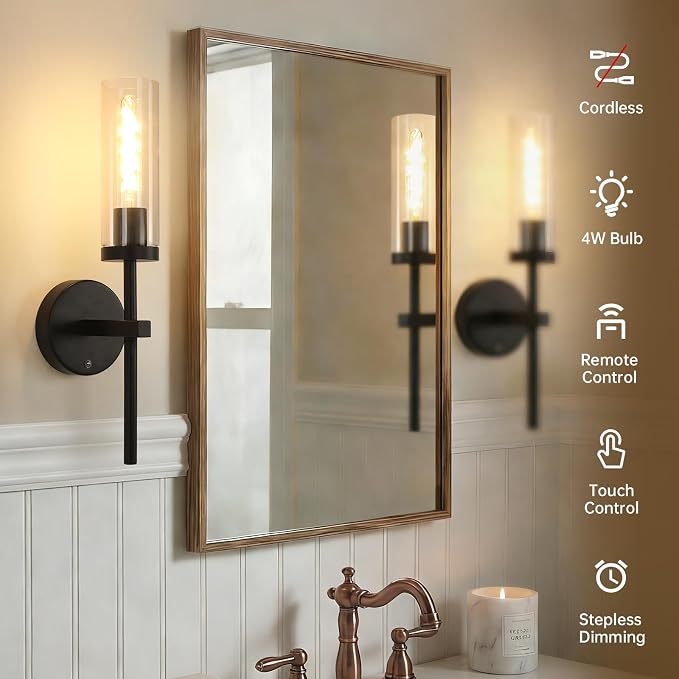 Shenmoyl Battery Operated Wall Sconces Set of 2, Black Rechargeable Wall Lighting Fixtures, Dimmable Wall Lights with Remote & Clear Glass Shade for Living Room, Bathroom,Bedroom
