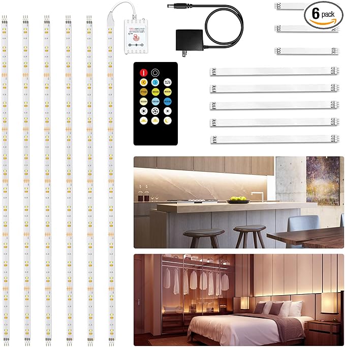 DAYBETTER Under Cabinet Lighting Kit,6 PCS 20 Inch Strip Lights with Remote | Dimmable,2700K-6500K Dual-Color Tunable White,Timing,24V Adapter,Under Cabinet LED Lights for Bedroom,Kitchen,Counter,9.8ft