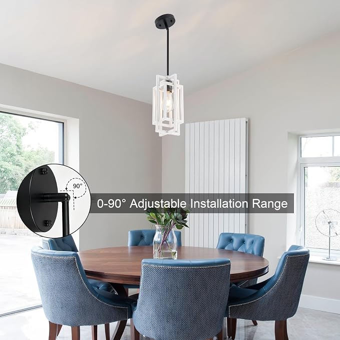 Farmhouse Pendant Light Fixtures, Modern White Wood Texture and Black Finish Pendant Lights 59'' Adjustable Small Square Pendant Ceiling Hanging Light for Kitchen Island Dining Room Entryway