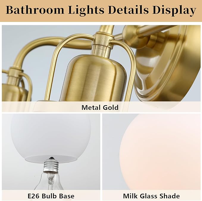 16" Bathroom Vanity Light, 2-Light Brushed Gold Vanity Lighting Fixture Over Mirror,Modern Wall Mount with Milk White Globe Glass Shade .16" L x 6.75" W x 10.5" H .BD045-2-G