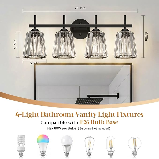 Crystal Bathroom Light Fixtures Over Mirror, Black 4-Light Bathroom Vanity Lights Over Mirror Modern Wall Lighting Sconces with Ceramic E26 Base (Bulbs Not Include)