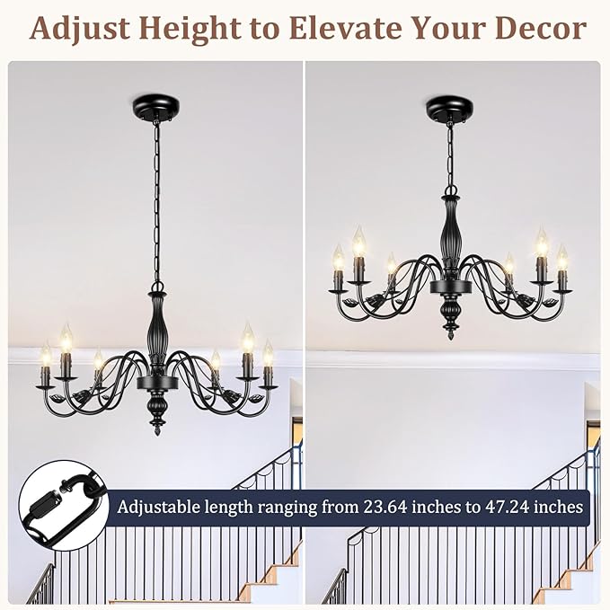 29" Black Chandelier for Dining Room, Modern Farmhouse 6-Light Light Fixture Hanging, Industrial Kitchen Lighting Fixtures with Leaf, Vintage Chandeliers Over Table for Bedroom Foyer Living Room