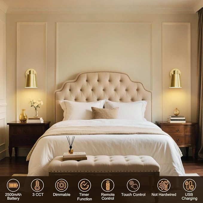 Gold Battery Operated Wall Sconces Set of Two with Remote, Rechargeable Battery Powered Wall Lights, 3 Color Temperature, Dimmable, Modern Wireless Wall Lamps for Bedroom Living Room Hallway
