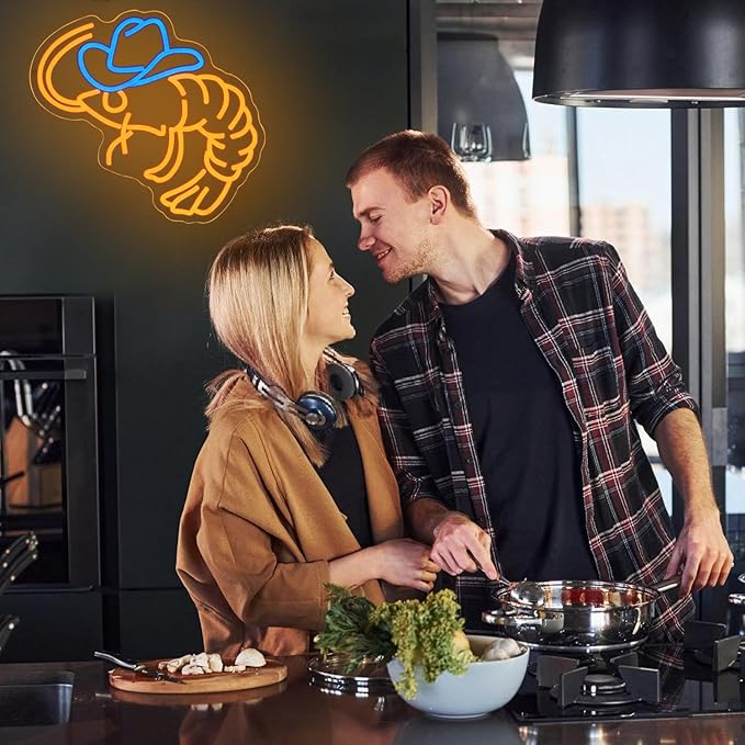 Cowboy Shrimp Neon Sign for Wall Decor, USB Powered Shrimp Neon Light Wall Art, Seafood LED Light Up Sign for Seafood Restaurants, Pub, Store, Man Cave