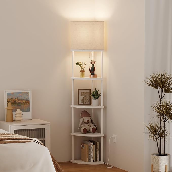 Qupui Floor Lamp with Shelves, 61.5" 5-Tier, 3-Color LED, White | Fabric Shade With Soft Cozy Light. 3 Color Temperatures 12W LED. 5 Tiers, 22 Lbs Each. Durable Composite Panels, Metal Frame