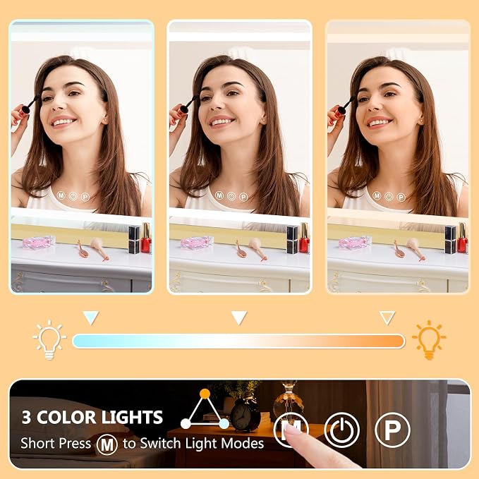 Ratsamee Gold 26" x 20" Vanity Mirror with Lights, Led Makeup Mirror, Lighted Makeup Mirror with 3 Color Dimmable Lights, Smart Touch Screen Control, Aluminum Metal Frame,USB Charging Port