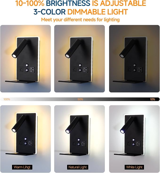 Wall Mounted Reading Light with Shelf - 3 Color Dimmable LED, 360° Adjustable Wall Lamp for Bedroom/Study, Touch Control (Black)