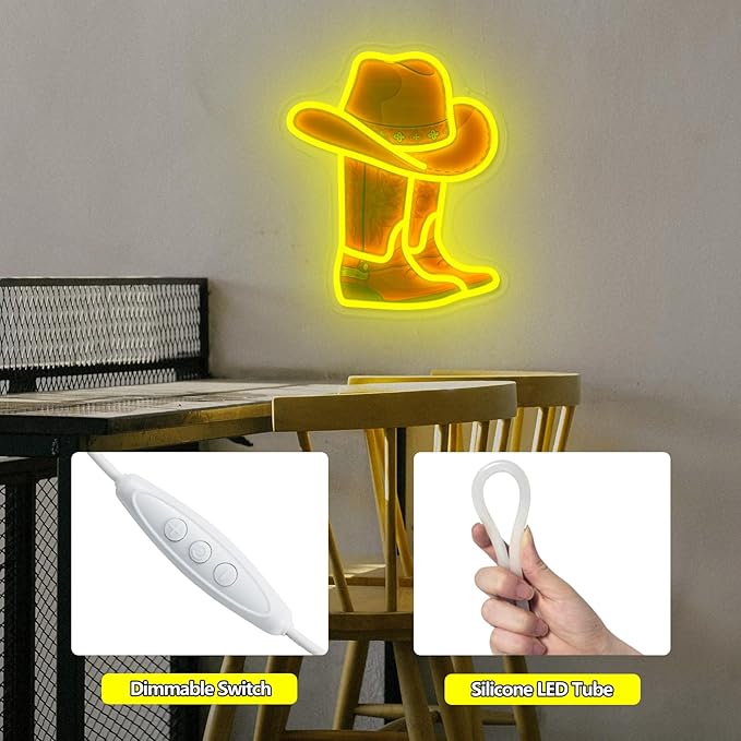 Cowboy Boot Hat Neon Sign 15.2”x13”LED Western Yellow Cowboy Boot Neon Light for Wall Decor Dimmable Hat Light Up Sign for Bedroom Game Room Man Cave Presents for Birthday Party Rodeo Enthusiast