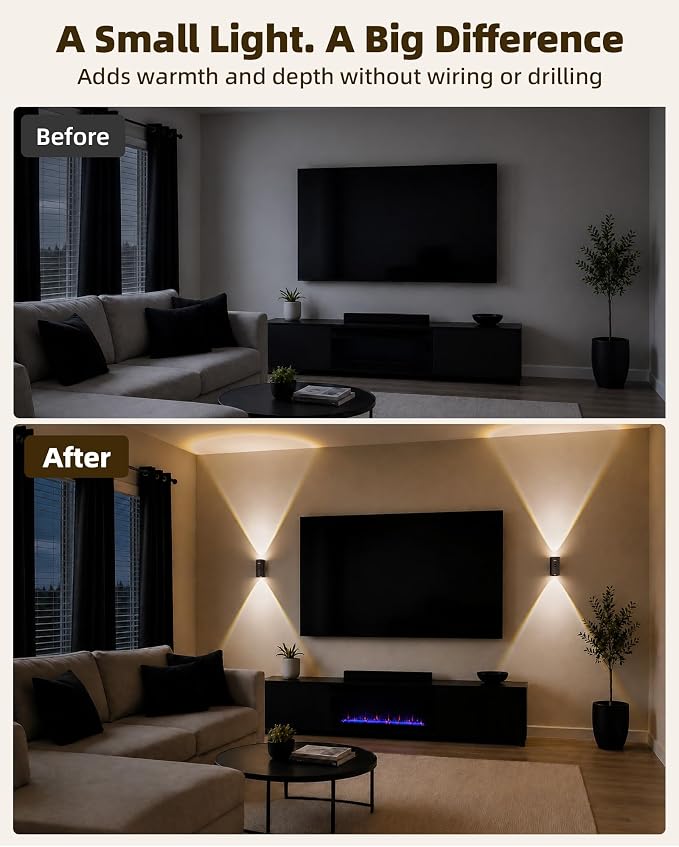 EZVALO Motion Sensor Wall Sconce with Remote, 4000mAh Rechargeable Battery Operated Wall Light, 3 CCT & 12 RGB Colors, Up & Down LED Lighting for Hallway, Stairway (Black, 1 Pack)