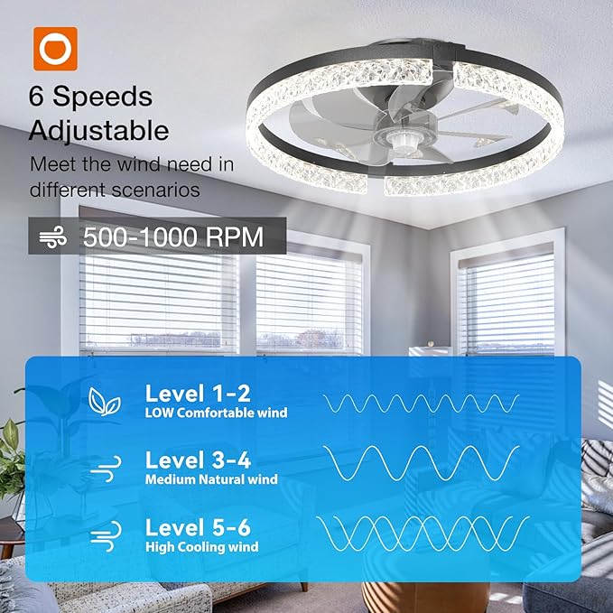 addlon Ceiling Fans with Lights and Remote, 18'' Low Profile Ceiling Fans, 3000-6000K Dimmable Modern Flush Mount LED Fan Light, Fandelier Ceiling Fan for Bedroom, Kitchen, Living Room, Black