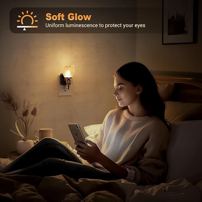 JandCase Night Light, Color Changing Night Lights Plug into Wall RGB | Glass Tulip LED Nightlight, Dimmable Flower Nightlights, Dusk to Dawn Sensor, 180° Rotating Vintage Nite Light for Bathroom