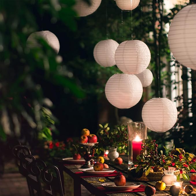 Hanging Paper Lanterns Decorative, White Chinese Paper Lanterns Ceiling Party Decorations with 16 LED Lights for Baby Shower Wedding Anniversarie Graduation Engagement Valentine's Day, Pack of 16