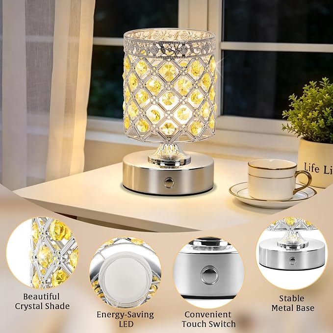Yellow Crystal Rechargeable Cordless Table Lamp, Touch Small Desk Lamp | 6000mAh Battery, 3 Color Temps, Stepless Dimming, USB Charging, Portable Wireless Night Light for Bar Bedroom Living Room