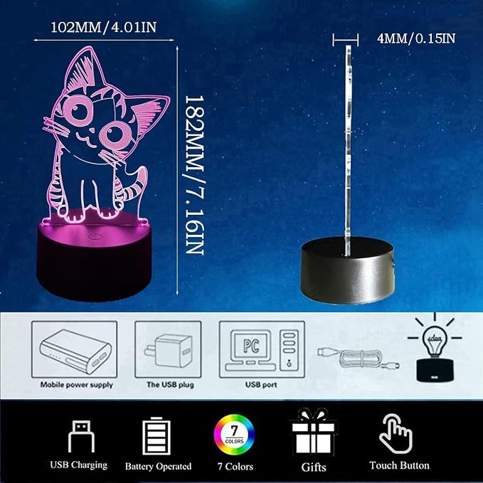 3D Illusion llamp LED Night Light, Anime Night Light Table Lamp USB Powered 7 Colors LED Lights with Touch Switch for Kids Gifts Bedroom Decoration (Cat)