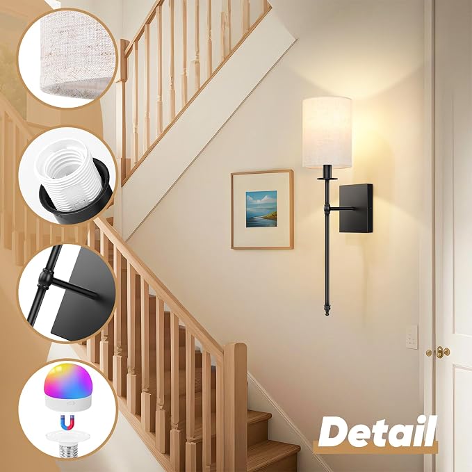 24 inch Battery Operated Wall Sconce Set of 2, Wireless Sconces with Remote | Black Rechargeable Wall Lights with Beige Fabric Shade, Dimmable Wall Lamp with RGBWW Bulbs for Bedroom Living Room Decor
