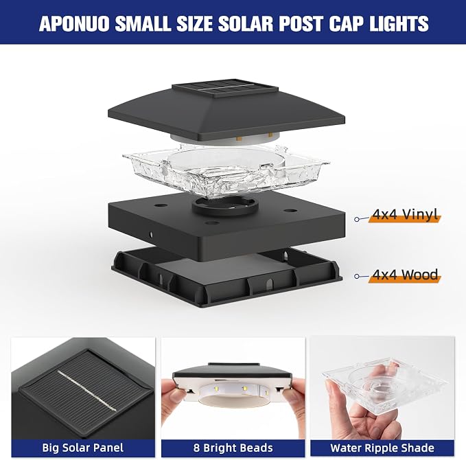APONUO Solar Post Cap Lights for 4x4 Posts - IP64 Waterproof, 6500K LED, No-Wire Fence Lights & Deck Lights for Patio Garden Yard Patio, Black-Cool White, 16 Pack