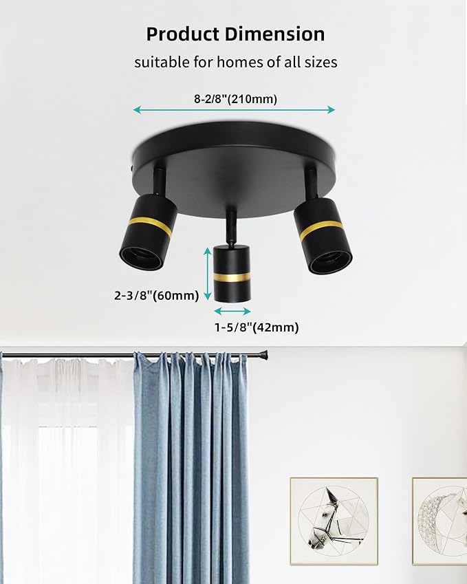 HiBay 3-Light Track Lighting, Rotatable Ceiling Spotlight, Black Gold, E26 | 3 heads for entryway, closet or hall, adjustable black-gold design aims light where needed, E26 base for your own bulbs