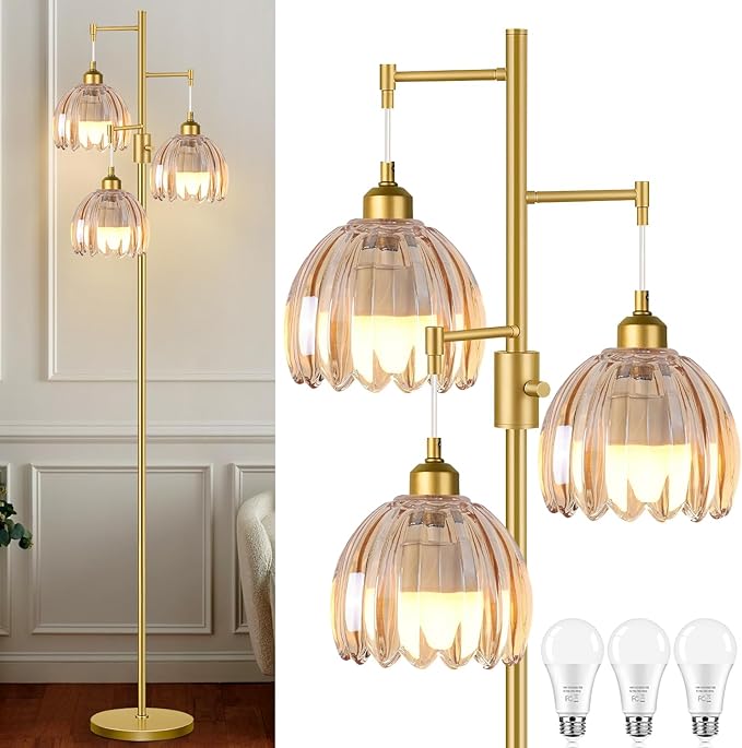 Dimmable Floor Lamps for Living Room-3 Light Gold Floor Lamp with Three Bulbs & Glass Lampshape, Mid Century Modern Standing Lamp Tree Tall Flower Floor Lamp for Bedroom Living Room,Corner