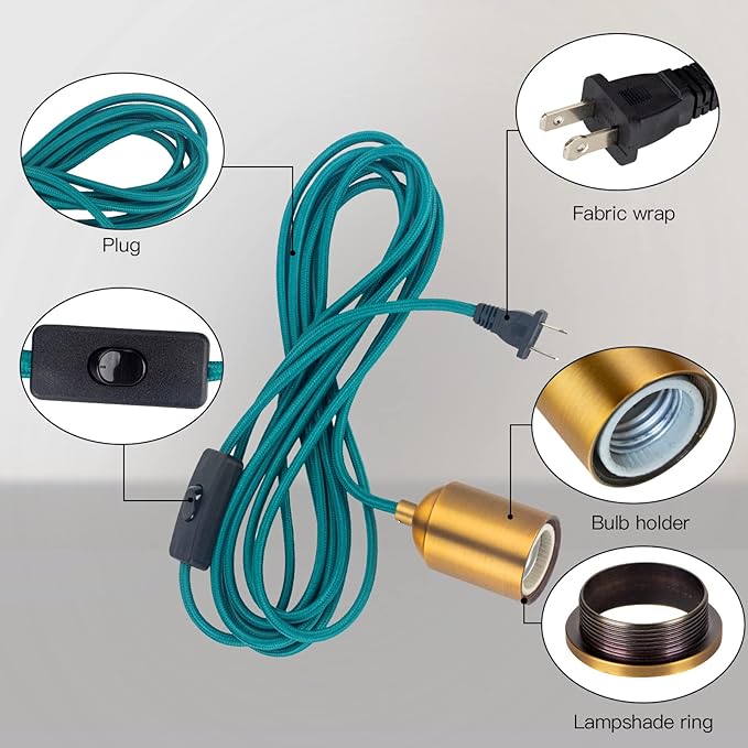 Hanging Light with Plug in Pendant Kit Cord Rope Lamp Bulb Socket Teal Exposed Lantern Fabric Cloth Switch Fixture with Braided Cords Industrial Porcelain Gold Holder DIY Swag Lighting 15ft 2 Set