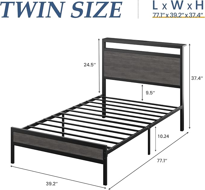 Fluest Twin Bed Frame with Headboard & Footboard, Twin Bed Frame with Charging Station & LED Light, Under-Bed-Storage, No Box Spring Needed, Noise Free, Easy Assembly, Rustic Grey