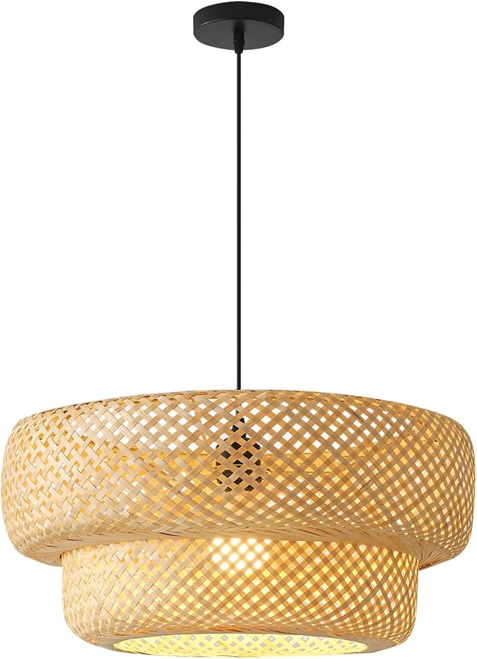 Bamboo Pendant Light,17.7" Rattan Chadelier | Hand-Woven Bamboo Rattan Chandelier Shade for Dining Living Bedroom Kitchen Farmhouse 1-Pack