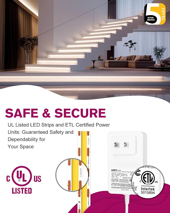 EMITEVER Neutral White COB Strip Light Kit 4000K,16.4ft 2400LEDs Dimmable | CRI 90+,305+LM/ft,ETL 24V 48W power supply & remote included,UL listed Strip for living room,kitchen,under cabinet & shelving