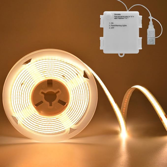 Battery Powered COB LED Strip Lights 6.6Ft 640 LED Dimmable Light Strip | Cuttable Flexible LED Tape Light for Bedroom Dormitory Tent TV Under Cabinet DIY Lighting (Warm White 2700k)