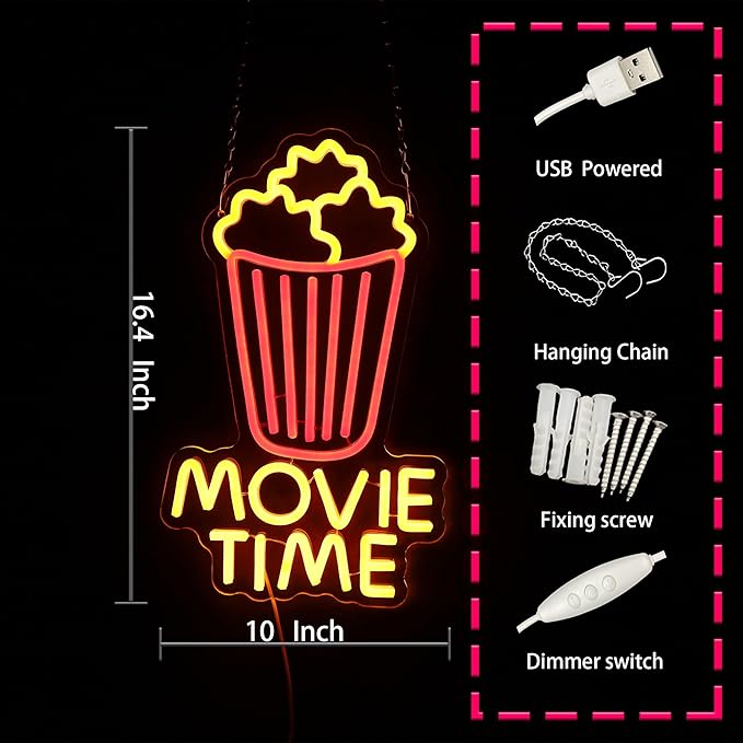 Movie Time Neon Sign Dimmable Movie Night Neon Sign Wall Decoration Gift for Cinema Game Room Man Cave Theater Party 10 * 16.4 Inch