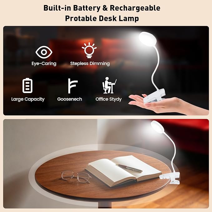 Cordless Rechargeable Clip On Desk Lamp Thick Flexible 360° Gooseneck | 450 Lumen Eye Protect Light,30 Custom Lighting Modes,5-30H Long Life Battery for Bed Headboard Desk Puzzle Craft ,White 1 Pcs