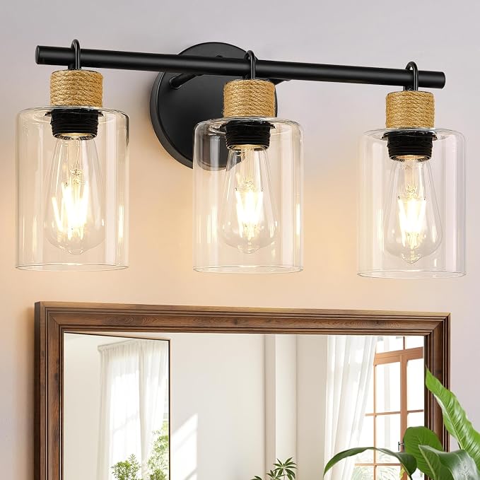 MOKATNG Bathroom Light Fixtures, 3-Light Farmhouse Vanity Lights with Hemp Rope, Black Bathroom Wall Lamp for Mirror Kitchen Hallway Cabinet