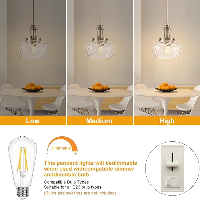 Modern Pendant Lights Kitchen Island, Brushed Nickel Pendant Light Fixtures with 10" Clear Hammered Glass Shade, Industrial Hanging Pendant Lights Fixture for Kitchen Island Dining Room Bedroom Foyer