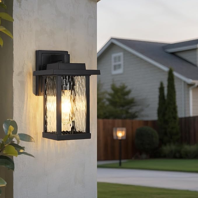 Black Outdoor Wall Light Fixtures with Water Ripple Glass, 2-Pack
