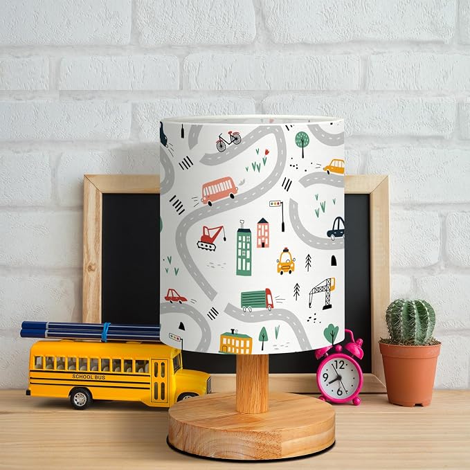 Transportation Kids Table Lamp for Bedroom Kids Bedside Lamp with Linen Wooden Nightstand Cartoon Nursery Lampshade for Girls Boys Living Room